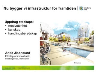 Nu bygger vi infrastruktur för framtiden
Anita Jisonsund
Företagskommunikatör
Göteborgs Stad, Trafikkontor
Frihamnen
Uppdrag att skapa:
• medvetenhet
• kunskap
• handlingsberedskap
 