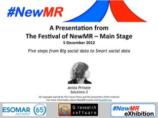 Anita Prinzie, Solutions-2, Belgium
Festival of NewMR 2012 - Main Stage - Session 3
A	
  Presenta*on	
  from	
  
The	
  Fes*val	
  of	
  NewMR	
  –	
  Main	
  Stage	
  
5	
  December	
  2012	
  
Five steps from Big social data to Smart social data	
  
All	
  copyright	
  owned	
  by	
  The	
  Future	
  Place	
  and	
  the	
  presenters	
  of	
  the	
  material	
  
For	
  more	
  informa:on	
  about	
  NewMR	
  events	
  visit	
  NewMR.org	
  
Anita Prinzie
Solutions-2
 