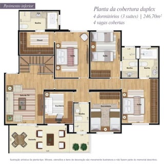 Pavimento inferior
                                                                                     Planta da cobertura duplex
                                                                                     4 dormitórios (3 suítes) | 246,70m²
                                                                                     4 vagas cobertas




   Ilustração artística da planta-tipo. Móveis, utensílios e itens de decoração são meramente ilustrativos e não fazem parte do memorial descritivo.
 
