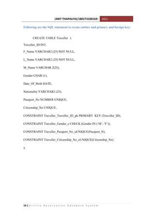 [ANIT THAPALIYA/1801T3100169] 2011
14 | A i r l i n e R e s e r v a t i o n D a t a b a s e S y s t e m
Following are the SQL statement to create entities and primary and foreign key:
CREATE TABLE Traveller (
Traveller_ID INT,
F_Name VARCHAR2 (25) NOT NULL,
L_Name VARCHAR2 (25) NOT NULL,
M_Name VARCHAR 2(25),
Gender CHAR (1),
Date_Of_Birth DATE,
Nationality VARCHAR2 (25),
Passport_No NUMBER UNIQUE,
Citizenship_No UNIQUE,
CONSTRAINT Traveller_Traveller_ID_pk PRIMARY KEY (Traveller_ID),
CONSTRAINT Traveller_Gender_c CHECK (Gender IN (‘M’, ‘F’)),
CONSTRAINT Traveller_Passport_No_uUNIQUE(Passport_N),
CONSTRAINT Traveller_Citizenship_No_uUNIQUE(Citizenship_No)
);
 