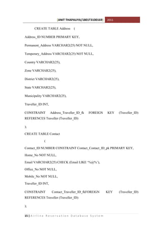 [ANIT THAPALIYA/1801T3100169] 2011
15 | A i r l i n e R e s e r v a t i o n D a t a b a s e S y s t e m
CREATE TABLE Address (
Address_ID NUMBER PRIMARY KEY,
Permanent_Address VARCHAR2(25) NOT NULL,
Temporary_Address VARCHAR2(25) NOT NULL,
Country VARCHAR2(25),
Zone VARCHAR2(25),
District VARCHAR2(25),
State VARCHAR2(25),
Municipality VARCHAR2(25),
Traveller_ID INT,
CONSTRAINT Address_Traveller_ID_fk FOREIGN KEY (Traveller_ID)
REFERENCES Traveller (Traveller_ID)
);
CREATE TABLE Contact
(
Contact_ID NUMBER CONSTRAINT Contact_Contact_ID_pk PRIMARY KEY,
Home_No NOT NULL,
Email VARCHAR2(25) CHECK (Email LIKE ‘%@%’),
Office_No NOT NULL,
Mobile_No NOT NULL,
Traveller_ID INT,
CONSTRAINT Contact_Traveller_ID_fkFOREIGN KEY (Traveller_ID)
REFERENCES Traveller (Traveller_ID)
);
 