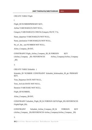 [ANIT THAPALIYA/1801T3100169] 2011
16 | A i r l i n e R e s e r v a t i o n D a t a b a s e S y s t e m
CREATE TABLE Flight
(
Flight_ID NUMBERPRIMARY KEY,
Airline VARCHAR2(25) NOT NULL,
Category VARCHAR2(25) CHECK (Category IN(‘D’,’I’)),
Name_departure VARCHAR2(25) NOT NULL,
Name_destination VARCHAR2(25) NOT NULL,
No_of _the_ seat NUMBER NOT NULL,
Ailine_Company_ID INT,
CONSTRAINT Flight_Airline_Company_ID_fk FOREIGN KEY
(Airline_Company _ID) REFERENCES Airline_Company(Airline_Company
_ID)
);
CREATE TABLE Schedule (
Schedule_ID NUMBER CONSTRAINT Schedule_Schtimedule_ID_pk PRIMARY
KEY,
Time_Departure DATE NOT NULL,
Time_Arrivals DATE NOT NULL,
Duration VARCHAR2 NOT NULL,
Flight_ID NUMBER,
Ailine_Company_ID INT,
CONSTRAINT Schedule_Flight_ID_fk FOREIGN KEY(Flight_ID) REFERENCES
Flight(Flight_ID),
CONSTRAINT Schedule_Airline_Company_ID_fk FOREIGN KEY
(Airline_Company _ID) REFERENCES Airline_Company(Airline_Company _ID)
);
 