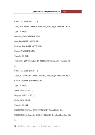 [ANIT THAPALIYA/1801T3100169] 2011
17 | A i r l i n e R e s e r v a t i o n D a t a b a s e S y s t e m
CREATE TABLE Visa (
Visa_ID NUMBER CONSTRAINT Visa_Visa_ID_pk PRIMARY KEY,
Type CHAR(5),
Duration_Visa VARCHAR2(25),
Issue_Date DATE NOT NULL,
Expirary_Date DATE NOT NULL,
Country VARCHAR2(25),
Traveller_ID INT,
FOREIGN KEY (Traveller_ID) REFERENCES Traveller (Traveller_ID)
);
CREATE TABLE Tickets (
Ticket_ID INT CONSTRAINT Tickets_Ticket_ID_pk PRIMARY KEY,
Class VARCHAR2(25) NOT NULL,
Type CHAR(5),
Status VARCHAR2(25),
Baggage VARCHAR2(25),
Flight_ID NUMBER,
Traveller_ID INT,
FOREIGN KEY(Flight_ID) REFERENCES Flight(Flight_ID),
FOREIGN KEY (Traveller_ID) REFERENCES Traveller (Traveller_ID)
);
 