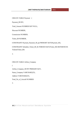 [ANIT THAPALIYA/1801T3100169] 2011
18 | A i r l i n e R e s e r v a t i o n D a t a b a s e S y s t e m
CREATE TABLE Payment (
Payment_ID INT,
Total_Amount NUMBER NOT NULL,
Discount NUMBER,
Commission NUMBER,
Ticket_ID NUMBER,
CONSTRAINT Payment_Payment_ID_pk PRIMARY KEY(Payment_ID),
CONSTRAINT Schedule_Ticket_ID_fk FOREIGN KEY(Ticket_ID) REFERENCES
Tickets(Ticket_ID)
);
CREATE TABLE Airline_Company
(
Airline_Company_ID INT PRIMARY KEY,
Name_Company VARCHAR2(25),
Address VARCHAR2(25),
Total_No_of_Aircraft NUMBER
);
 