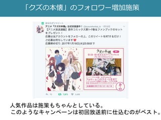 「クズの本懐」のフォロワー増加施策
人気作品は施策もちゃんとしている。
このようなキャンペーンは初回放送前に仕込むのがベスト。
 