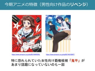 今期アニメの特徴（男性向け作品のリベンジ）
特に恐れられていた女性向け覇権候補「鬼平」が
あまり話題になっていないのも一因
https://www.amazon.co.jp/dp/B01N9R095L https://www.amazon.co.jp/dp/B01N0V6INT/
 