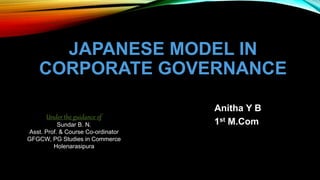 JAPANESE MODEL IN
CORPORATE GOVERNANCE
Anitha Y B
1st M.Com
Under the guidance of
Sundar B. N.
Asst. Prof. & Course Co-ordinator
GFGCW, PG Studies in Commerce
Holenarasipura
 