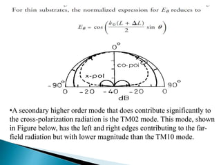 •A secondary higher order mode that does contribute significantly to
the cross-polarization radiation is the TM02 mode. This mode, shown
in Figure below, has the left and right edges contributing to the far-
field radiation but with lower magnitude than the TM10 mode.
 
