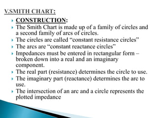  CONSTRUCTION:
 The Smith Chart is made up of a family of circles and
a second family of arcs of circles.
 The circles are called “constant resistance circles”
 The arcs are “constant reactance circles”
 Impedances must be entered in rectangular form –
broken down into a real and an imaginary
component.
 The real part (resistance) determines the circle to use.
 The imaginary part (reactance) determines the arc to
use.
 The intersection of an arc and a circle represents the
plotted impedance
 