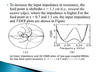  To increase the input impedance at resonance, the
feed point is shiftedto x = 1.1 cm (i.e., toward the
nearer edge), where the impedance is higher.For the
feed point at x = 0.7 and 1.1 cm, the input impedance
and VSWR plots are shown in Figure
(a) Input impedance and (b) VSWR plots of two gap-coupled RMSAs
for two feed-point locations x : ( - - - ) 0.7 and ( —— ) 1.1 cm.
 