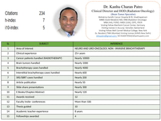 Dr. Kanhu Charan Patro
Clinical Director and HOD (Radiation Oncology)
(Brain Tumor Specialist)
Mahatma Gandhi Cancer Hospital & RI, Visakhapatnam
MBBS (Gold Medalist) MD, DNB (Radiation Oncology)
MBA (HA), FICRO, FAROI [USA], CEPC, PDCR
Visiting Fellow Manheim Cancer Center, Germany
Visiting trainee in Accuray Genolier, Switzerland
Visiting Fellow Well Cornell Medical College, New York
Ex. Resident (TMH-Mumbai) Visiting trainee (AIIMS-New Delhi)
drkcpatro@gmail.com / M-9160470564/drkanhupatro.com
SL SUBJECT INFERENCE
1 Area of interest NEURO AND URO-ONCOLOGY, NON - INVASIVE BRACHYTHERAPY
2 Clinical experience 25+ years
3 Cancer patients handled (RADIOTHERAPY) Nearly 10000
4 Brain tumors handled Nearly 1000
5 Brachytherapy cases handled Nearly 4000
6 Interstitial brachytherapy cases handled Nearly 600
7 SRS/SBRT cases handled Nearly 200
8 Article publication Nearly 50
9 Slide share presentations Nearly 300
10 E Books/Chapter/Abstract Nearly 120
11 Awards received 12
12 Faculty invite- conferences More than 100
13 Thesis guided 10
14 Academic teacher experience 8 years
15 Fellowships awarded 4
 