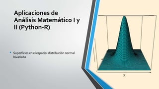 Aplicaciones de
Análisis Matemático I y
II (Python-R)
• Superficies en el espacio: distribución normal
bivariada
 