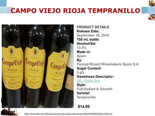 CAMPO VIEJO RIOJA TEMPRANILLO
http://www.lcbo.com/lcbo/product/campo-viejo-rioja-tempranillo/342006#.WAbvoOArLIU
$14.95
PRODUCT DETAILS
Release Date:
September 18, 2014
750 mL bottle
Alcohol/Vol
13.0%
Made in:
Spain
By:
Pernod Ricard Winemakers Spain S.A.
Sugar Content:
5 g/L
Sweetness Descriptor:
XD - Extra Dry
Style:
Full-bodied & Smooth
Varietal:
Tempranillo
 