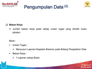 Pengumpulan Data (2)
 Beban Kerja
 Jumlah beban kerja pada setiap uraian tugas yang dimiliki suatu
jabatan.
Misal :
 Uraian Tugas :
 Menyusun Laporan Kegiatan Bulanan pada Bidang Pengolahan Data
 Beban Kerja :
 1 Laporan setiap Bulan
 