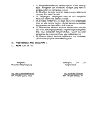 s. O3, Menyelia,Menentukan atau menafsirkanprosed ur kerja, membagi
tugas, menciptakan dan memelihara hubungan yang harmonis
diantarabawahan dan meningkatkan efisiensi
t. O4, Menghibur, Menghibur orang lain, biasanyamengguna kan media
panggung, film, televisi dan radio
u. O5, Mempengaruhi, Mempengaruhi orang lain untuk memperoleh
keuntungan dalam benda, jasa atau pendapat
v. O6, Berbicara memberi tanda, Berbicara atau memberi tanda kepada
orang lain untuk meminta, memberi informasi atau untuk mendapatkan
tanggapan atau reaksi yang sifatnya tidak konseptual
w. O7, Melayani orang,Memenuhi kebutuhan atau permintaan orang lain
atau hewan, baik yang dinyatakan atau yang tidak langsung dinyatakan
tetap harus dilaksanakan menurut ketentuan. Fungsiini diperlukan
pengetahuan dan keterampilan khusus untuk melaksanakannya
x. O8, Menerima instruksi, Membantu melaksanakan kerja berdasarkan
perintah atasan yang tidak memerlukan tanggapan
16. PRESTASI KERJA YANG DIHARAPKAN : -
17. KELAS JABATAN : 12
Mengetahui Semarapura, April 2020
Mengetahui Atasan langsung Yang membuat
drg. Ida Bagus Putra Dwipayana drg. Ni Putu Ary Widiantari
NIP. 19750427 200312 1 005 NIP. 19810830 200803 2 001
 
