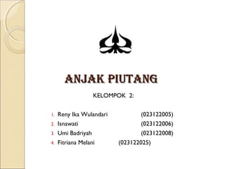 anjak piutanganjak piutang
KELOMPOK 2:
1. Reny Ika Wulandari (023122005)
2. Isnawati (023122006)
3. Umi Badriyah (023122008)
4. Fitriana Melani (023122025)
 