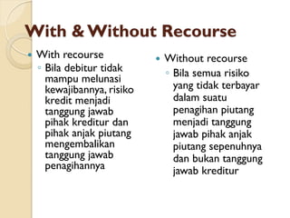 With & Without Recourse
 With recourse
◦ Bila debitur tidak
mampu melunasi
kewajibannya, risiko
kredit menjadi
tanggung jawab
pihak kreditur dan
pihak anjak piutang
mengembalikan
tanggung jawab
penagihannya
 Without recourse
◦ Bila semua risiko
yang tidak terbayar
dalam suatu
penagihan piutang
menjadi tanggung
jawab pihak anjak
piutang sepenuhnya
dan bukan tanggung
jawab kreditur
 