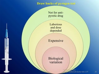 Draw backs of pyrogen test
Not for anti-
pyretic drug
Laborious
and dose
depended
Expensive
Biological
variation
23
vignan pharmacy
college,vadlamudi,Guntur dist.,A.P.
 