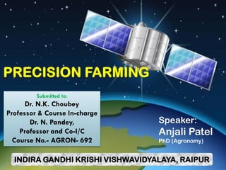 Speaker:
Anjali Patel
PhD (Agronomy)
INDIRA GANDHI KRISHI VISHWAVIDYALAYA, RAIPUR
Submitted to:
Dr. N.K. Choubey
Professor & Course In-charge
Dr. N. Pandey,
Professor and Co-I/C
Course No.- AGRON- 692
 