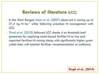 • In the West Bengal, Islam et al. (2007) observed a saving up to
31.4 kg N ha-1 while following precision N management with
LCC.
• Thind et al. (2010) followed LCC shade 4 as threshold leaf
greenness for applying need-based fertilier-N to rice and
reported fertiliser-N saving along with significantly higher grain
yields than with blanket fertiliser recommendation at Ludhiana.
Singh et al., (2014)
 