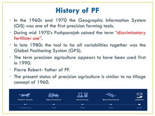 • In the 1960s and 1970 the Geographic Information System
(GIS) was one of the first precision farming tools.
• During mid 1970’s Pushparajah coined the term “discriminatory
fertilizer use”.
• In late 1980s the tool to tie all variabilities together was the
Global Positioning System (GPS).
• The term precision agriculture appears to have been used first
in 1990.
• Pierre Robert- father of PF.
• The present status of precision agriculture is similar to no tillage
concept of 1960.
 