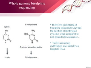 Whole genome bisulphite
sequencing
• Therefore, sequencing of
bisulphite treated DNA reveals
the position of methylated
cytosine, when compared to
non-treated DNA sequence .
• TGSTs can detect
methylation sites directly on
template DNA .
 