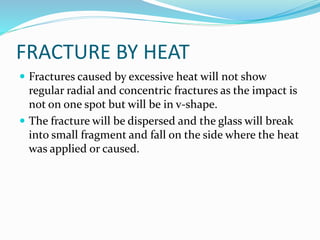 FRACTURE BY HEAT
 Fractures caused by excessive heat will not show
regular radial and concentric fractures as the impact is
not on one spot but will be in v-shape.
 The fracture will be dispersed and the glass will break
into small fragment and fall on the side where the heat
was applied or caused.
 