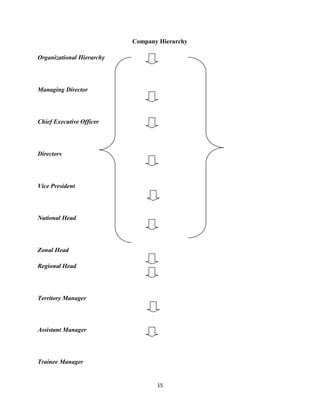 15
Company Hierarchy
Organizational Hierarchy
Managing Director
Chief Executive Officer
Directors
Vice President
National Head
Zonal Head
Regional Head
Territory Manager
Assistant Manager
Trainee Manager
 