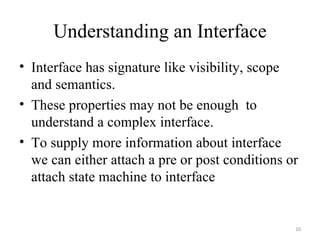 Understanding an Interface Interface has signature like visibility, scope and semantics. These properties may not be enough  to understand a complex interface. To supply more information about interface we can either attach a pre or post conditions or attach state machine to interface 