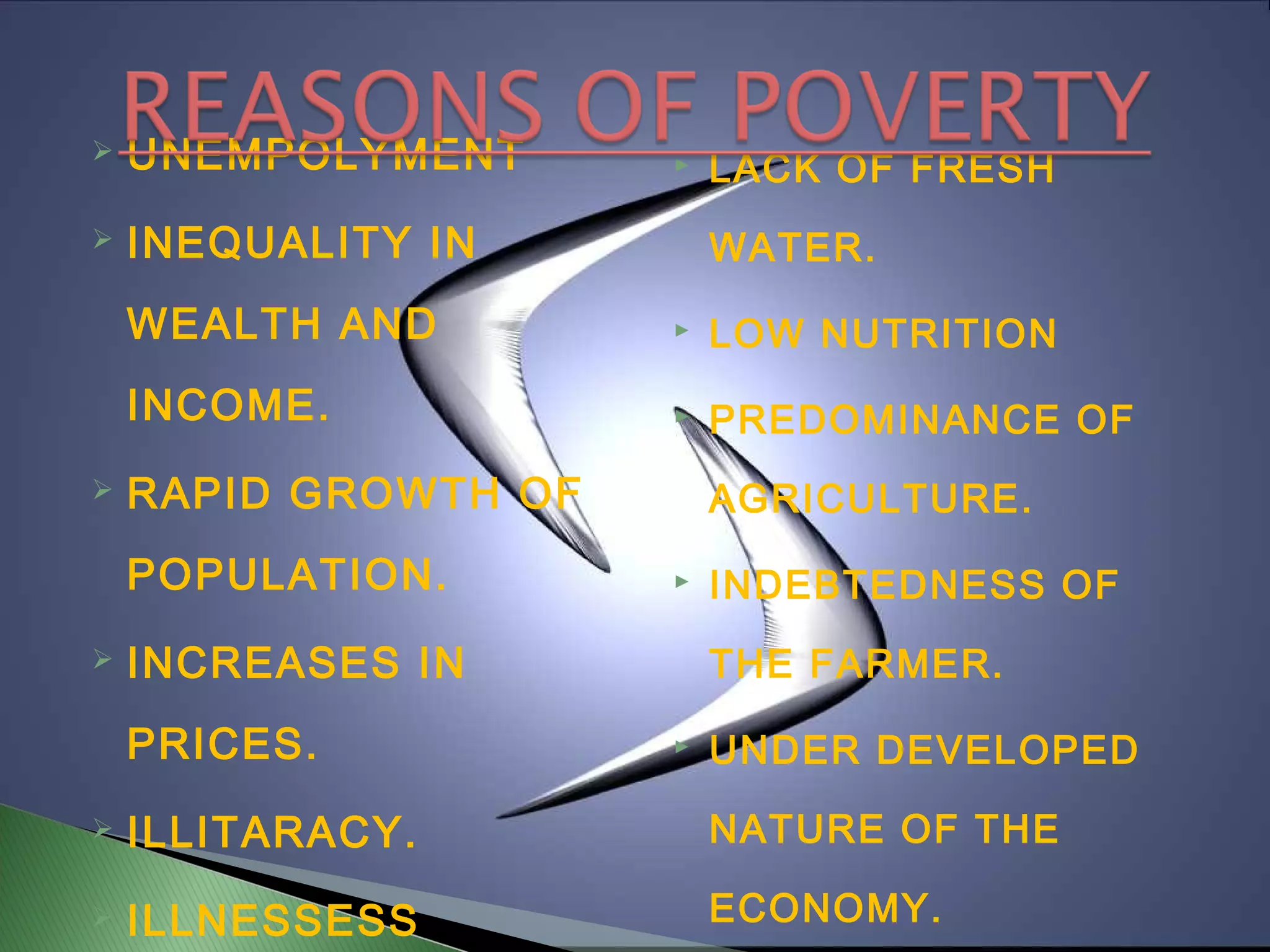 UNEMPOLYMENT
 INEQUALITY IN
WEALTH AND
INCOME.
 RAPID GROWTH OF
POPULATION.
 INCREASES IN
PRICES.
 ILLITARACY.
 ILLNESSESS
 LACK OF FRESH
WATER.
 LOW NUTRITION
 PREDOMINANCE OF
AGRICULTURE.
 INDEBTEDNESS OF
THE FARMER.
 UNDER DEVELOPED
NATURE OF THE
ECONOMY.
 