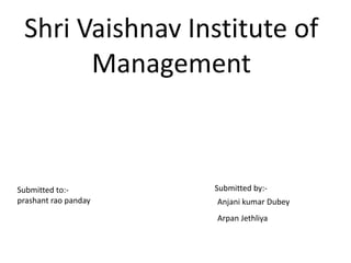 Shri Vaishnav Institute of
Management
Submitted to:-
prashant rao panday Anjani kumar Dubey
Submitted by:-
Arpan Jethliya
 