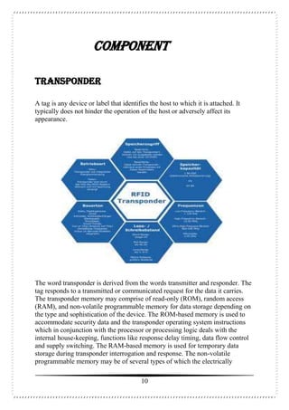 10
COMPONENT
TRANSPONDER
A tag is any device or label that identifies the host to which it is attached. It
typically does not hinder the operation of the host or adversely affect its
appearance.
The word transponder is derived from the words transmitter and responder. The
tag responds to a transmitted or communicated request for the data it carries.
The transponder memory may comprise of read-only (ROM), random access
(RAM), and non-volatile programmable memory for data storage depending on
the type and sophistication of the device. The ROM-based memory is used to
accommodate security data and the transponder operating system instructions
which in conjunction with the processor or processing logic deals with the
internal house-keeping, functions like response delay timing, data flow control
and supply switching. The RAM-based memory is used for temporary data
storage during transponder interrogation and response. The non-volatile
programmable memory may be of several types of which the electrically
 