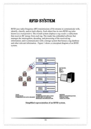 16
RFID System
RFID uses radio-frequency (RF) transmissions of bit streams to communicate with,
identify, classify, and/or track objects. Each object has its own RFID tag (also
known as a transponder). The overall system employs a tag reader, a subsystem
that receives RF energy from each tag. The reader has embedded software that
manages the interrogation, decoding, and processing of the received tag
information; and it communicates with a storage system that houses a tag database
and other relevant information. Figure 1 shows a conceptual diagram of an RFID
system.
Simplified representation of an RFID system.
 
