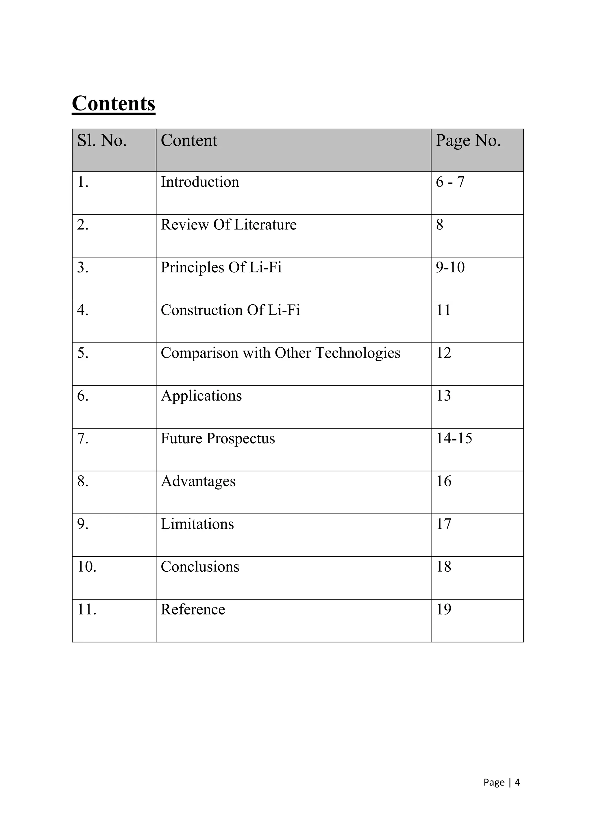 Page | 4
Contents
Sl. No. Content Page No.
1. Introduction 6 - 7
2. Review Of Literature 8
3. Principles Of Li-Fi 9-10
4. Construction Of Li-Fi 11
5. Comparison with Other Technologies 12
6. Applications 13
7. Future Prospectus 14-15
8. Advantages 16
9. Limitations 17
10. Conclusions 18
11. Reference 19
 