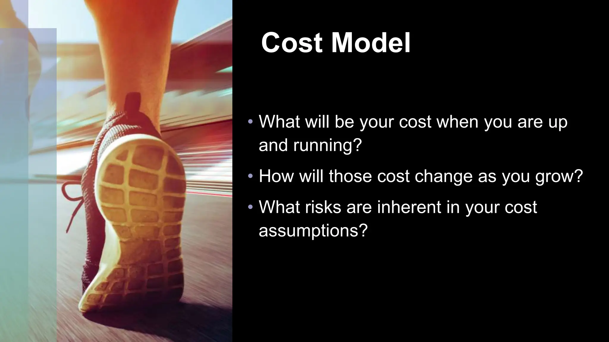 Cost Model
• What will be your cost when you are up
and running?
• How will those cost change as you grow?
• What risks are inherent in your cost
assumptions?
 