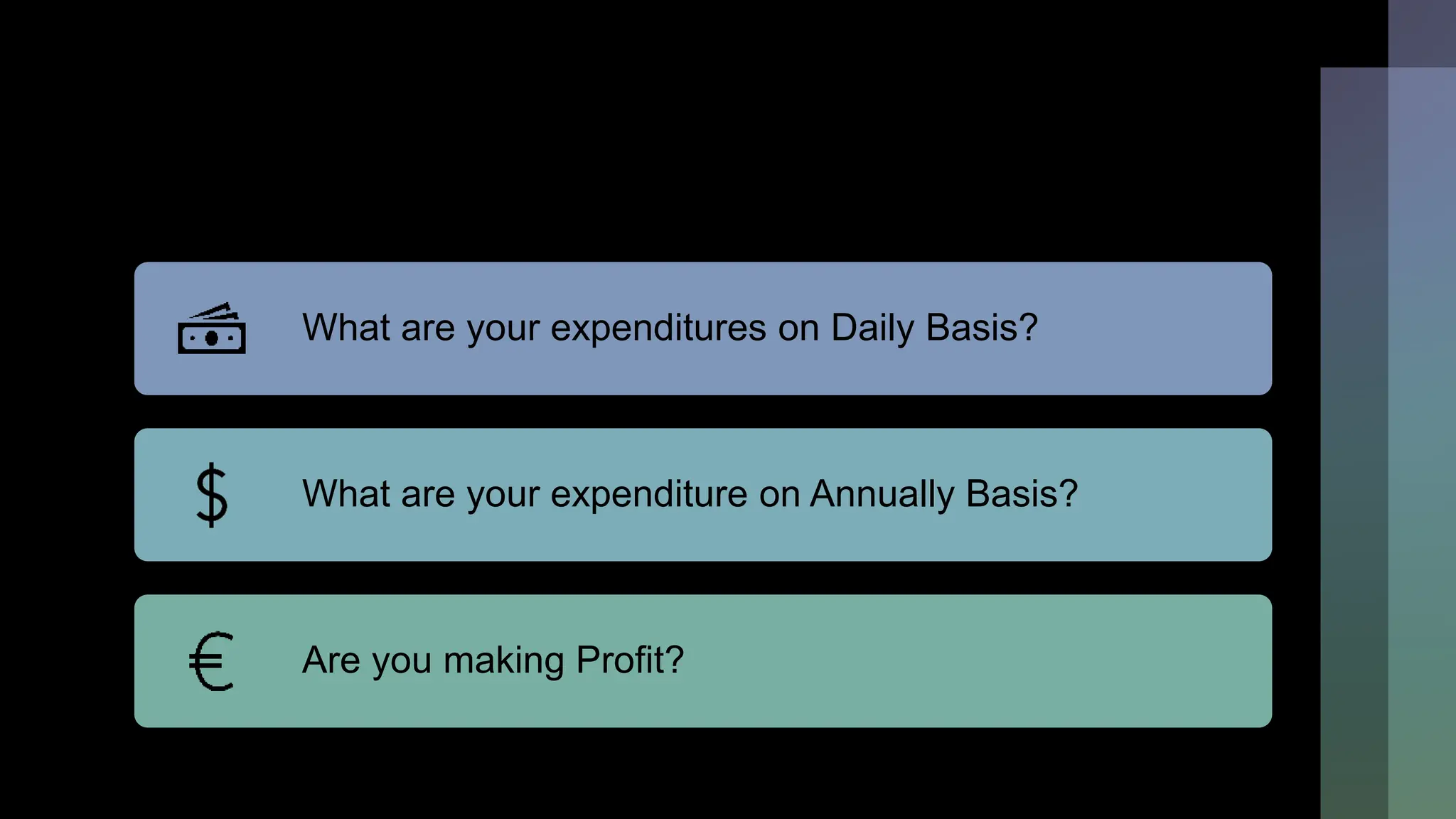 What are your expenditures on Daily Basis?
What are your expenditure on Annually Basis?
Are you making Profit?
 