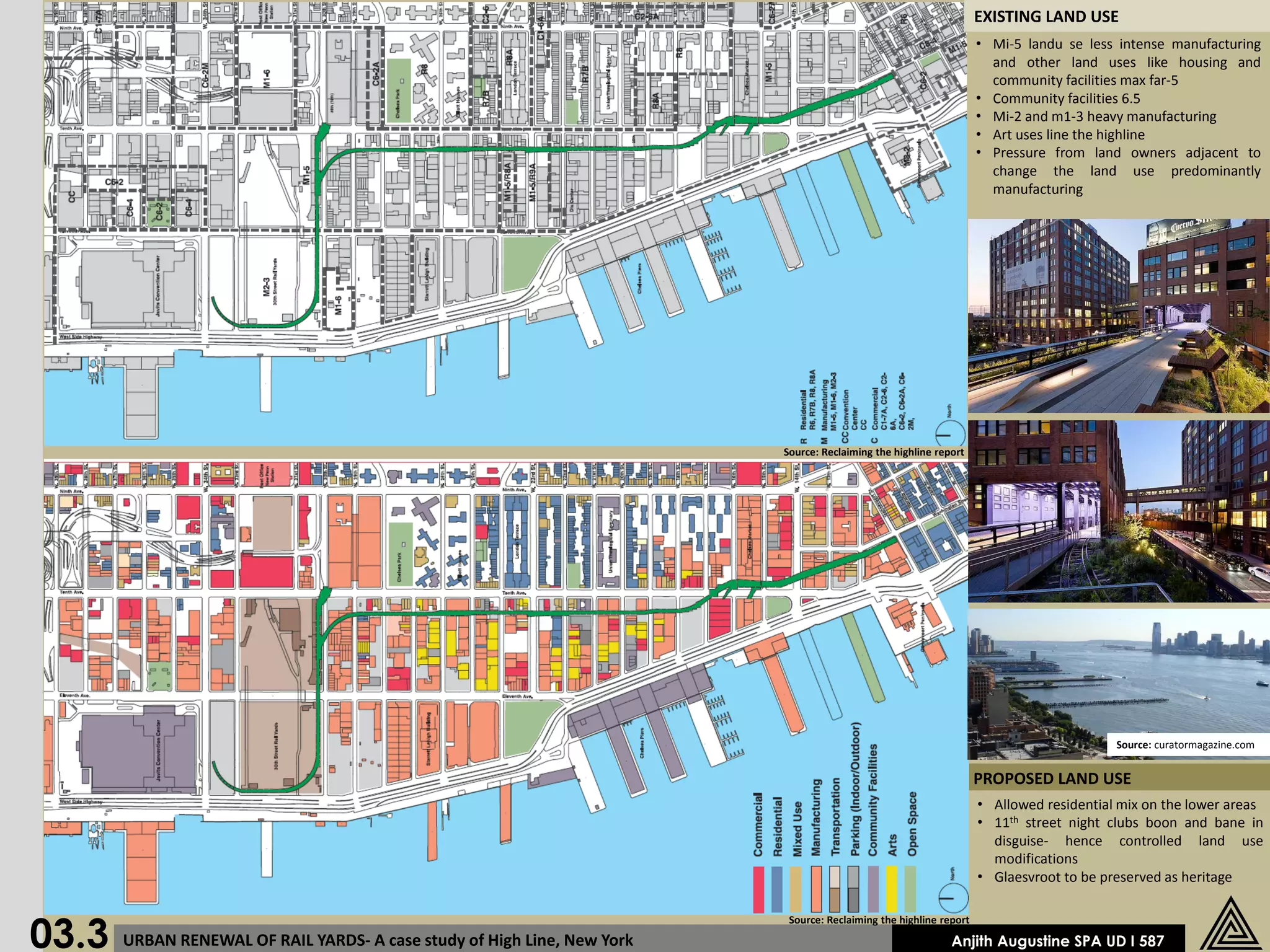 EXISTING LAND USE
                                                                                                                    • Mi-5 landu se less intense manufacturing
                                                                                                                      and other land uses like housing and
                                                                                                                      community facilities max far-5
                                                                                                                    • Community facilities 6.5
                                                                                                                    • Mi-2 and m1-3 heavy manufacturing
                                                                                                                    • Art uses line the highline
                                                                                                                    • Pressure from land owners adjacent to
                                                                                                                      change the land use predominantly
                                                                                                                      manufacturing




                                                                          Source: Reclaiming the highline report




                                                                                                                                         Source: curatormagazine.com


                                                                                                                    PROPOSED LAND USE
                                                                                                                    • Allowed residential mix on the lower areas
                                                                                                                    • 11th street night clubs boon and bane in
                                                                                                                      disguise- hence controlled land use
                                                                                                                      modifications
                                                                                                                    • Glaesvroot to be preserved as heritage



03.3
                                                                           Source: Reclaiming the highline report
       URBAN RENEWAL OF RAIL YARDS- A case study of High Line, New York                                      Anjith Augustine SPA UD I 587
 