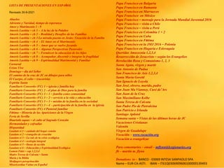 LISTA DE PRESENTACIONES EN ESPAÑOL
Revisado 30-9-2021
Abuelos
Adviento y Navidad, tiempo de esperanza
Amor y Matrimonio 1 - 9
Amoris Laetitia – ch 1 – A la luz de la Palabre
Amoris Laetitia – ch 2 – Realidad y Desafíos de las Familias
Amoris Laetitia – ch 3 La mirada puesta en Jesús: Vocación de la Familia
Amoris Laetitia – ch 4 - El Amor en el Matrimonio
Amoris Laetitia – ch 5 – Amor que se vuelve fecundo
Amoris Laetitia – ch 6 – Algunas Perspectivas Pastorales
Amoris Laetitia – ch 7 – Fortalecer la educacion de los hijos
Amoris Laetitia – ch 8 – Acompañar, discernir e integrar la fragilidad
Amoris Laetitia – ch 9 – Espiritualidad Matrimonial y Familiar
Carnaval
Cristo Vive
Domingo – día del Señor
El camino de la cruz de JC en dibujos para niños
El Cuerpo, el culto – (eucarisía)
Espíritu Santo
Familiaris Consortio (FC) 1 – iglesia y familia hoy
Familiaris Consortio (FC) 2 - el plan de Dios para la familia
Familiaris Consortio (FC) 3 – 1 – familia como comunidad
Familiaris Consortio (FC) 3 – 2 – servicio a la vida y educación
Familiaris Consortio (FC) 3 – 3 – misión de la familia en la sociedad
Familiaris Consortio (FC) 3 – 4 - participación de la familia en la iglesia
Familiaris Consortio (FC) 4 Pastoral familiar
Fátima – Historia de las Apariciones de la Virgen
Feria de Sevilla
Haurietis aquas – el culto al Sagrado Corazón
Hermandades y cofradías
Hispanidad
Laudato si 1 – cuidado del hogar común
Laudato si 2 – evangelio de creación
Laudato si 3 – La raíz de la crisis ecológica
Laudato si 4 – ecología integral
Laudato si 5 – líneas de acción
Laudato si 6 – Educación y Espiritualidad Ecológica
Lumen Fidei – cap 1,2,3,4
Madre Teresa de Calcuta – Santa
María y la Biblia
Medjugore peregrinación
Misericordiae Vultus en Español
Papa Francisco en Bulgaria
Papa Francisco en Rumania
Papa Francisco en Marruecos
Papa Francisco en México
Papa Francisco – mensaje para la Jornada Mundial Juventud 2016
Papa Francisco – visita a Chile
Papa Francisco – visita a Perú
Papa Francisco en Colombia 1 + 2
Papa Francisco en Cuba
Papa Francisco en Fátima
Papa Francisco en la JMJ 2016 – Polonia
Papa Francisco en Hugaría e Eslovaquia
Queridas Amazoznia 1,2,3,4
Resurrección de Jesucristo – según los Evangelios
Revolución Rusa y Comunismo 1, 2, 3
Santa Agata, virgen y martir
San Antonio de Padua
San Francisco de Asis 1,2,3,4
Santa Maria Goretti
San Ignacio de Loyola
San José, obrero, marido, padre
San Juan Ma Vianney, Curé de’Ars
San Juan de la Cruz
San Maximiliano Kolbe
Santa Teresa de Calcuta
San Padre Pio de Pietralcina
San Patricio e Irlanda
Santiago Apóstol
Semana santa – Vistas de las últimas horas de JC
Vacaciones Cristianas
Valentín
Virgen de Guadalupe
Vocación – www.vocación.org
Vocación a evangelizar
Para comentarios – email – mflynn@lcegionaries.org
fb – martin m. flynn
Donations to - BANCO - 03069 INTESA SANPAOLO SPA
Name – EUR-CA-ASTI. IBAN – IT61Q0306909606100000139493
 