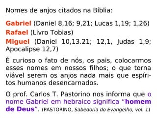 Nomes de anjos citados na Bíblia:
Gabriel (Daniel 8,16; 9,21; Lucas 1,19; 1,26)
Rafael (Livro Tobias)
Miguel (Daniel 10,13.21; 12,1, Judas 1,9;
Apocalipse 12,7)
É curioso o fato de nós, os pais, colocarmos
esses nomes em nossos filhos; o que torna
viável serem os anjos nada mais que espíri-
tos humanos desencarnados.
O prof. Carlos T. Pastorino nos informa que o
nome Gabriel em hebraico significa “homem
de Deus”. (PASTORINO, Sabedoria do Evangelho, vol. 1)
 