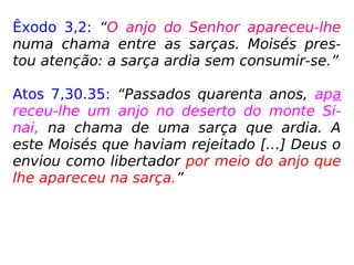 Êxodo 3,2: “O anjo do Senhor apareceu-lhe
numa chama entre as sarças. Moisés pres-
tou atenção: a sarça ardia sem consumir-se.”
Atos 7,30.35: “Passados quarenta anos, apa
receu-lhe um anjo no deserto do monte Si-
nai, na chama de uma sarça que ardia. A
este Moisés que haviam rejeitado […] Deus o
enviou como libertador por meio do anjo que
lhe apareceu na sarça.”
 