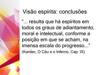 Visão espírita: conclusões
“... resulta que há espíritos em
todos os graus de adiantamento,
moral e intelectual, conforme a
posição em que se acham, na
imensa escala do progresso...”
(Kardec, O Céu e o Inferno, Cap. IX)
 