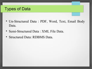 Types of Data

Un-Structured Data : PDF, Word, Text, Email Body
Data.

Semi-Structured Data : XML File Data.

Structured Data: RDBMS Data.
 