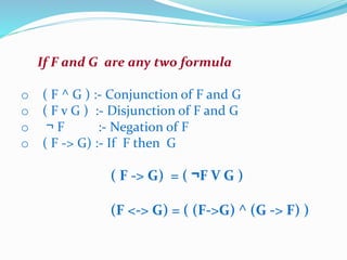 If F and G are any two formula
o ( F ^ G ) :- Conjunction of F and G
o ( F v G ) :- Disjunction of F and G
o ¬ F :- Negation of F
o ( F -> G) :- If F then G
( F -> G) = ( ¬F V G )
(F <-> G) = ( (F->G) ^ (G -> F) )
 