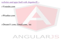 websites and apps built with AngularJS :-
Youtube.com
Weather.com
Dream11.com, Gmail.com, etc
 