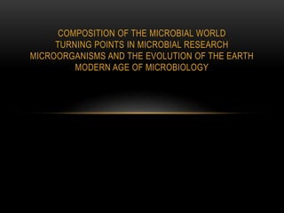 COMPOSITION OF THE MICROBIAL WORLD
TURNING POINTS IN MICROBIAL RESEARCH
MICROORGANISMS AND THE EVOLUTION OF THE EARTH
MODERN AGE OF MICROBIOLOGY
 