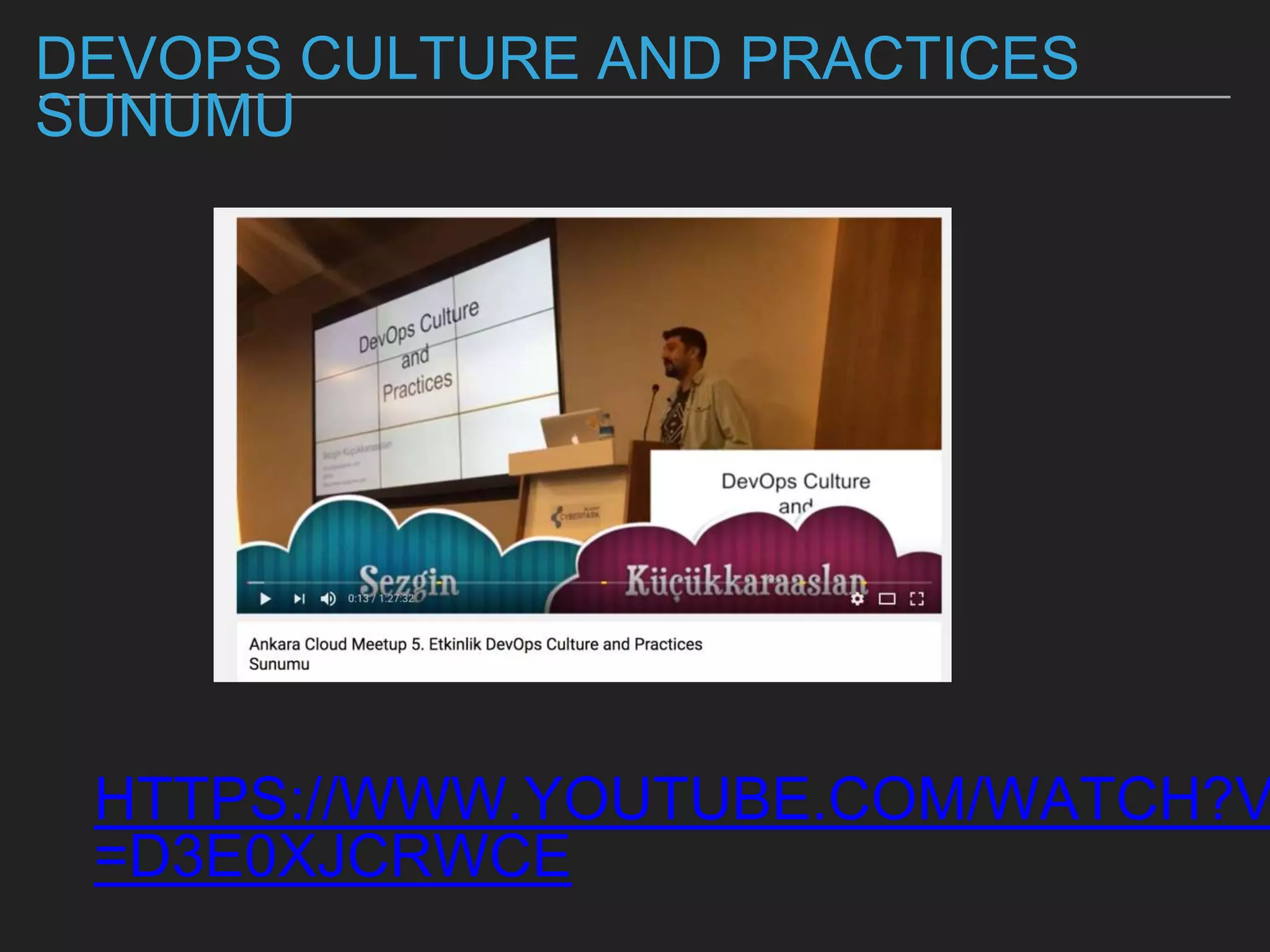 DEVOPS CULTURE AND PRACTICES
SUNUMU
HTTPS://WWW.YOUTUBE.COM/WATCH?V
=D3E0XJCRWCE
 