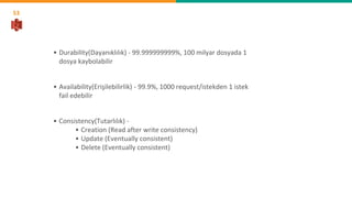 S3
• Durability(Dayanıklılık) - 99.999999999%, 100 milyar dosyada 1
dosya kaybolabilir
• Availability(Erişilebilirlik) - 99.9%, 1000 request/istekden 1 istek
fail edebilir
• Consistency(Tutarlılık) -
• Creation (Read after write consistency)
• Update (Eventually consistent)
• Delete (Eventually consistent)
 