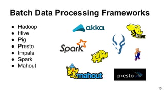 Batch Data Processing Frameworks
● Hadoop
● Hive
● Pig
● Presto
● Impala
● Spark
● Mahout
10
 
