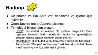 Hadoop
● Distributed ve Fail-Safe veri depolama ve işleme için
kullanılır
● Open-Source under Apache License
● Temelde 2 b...
