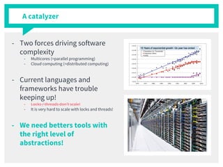 A catalyzer
- Two forces driving software
complexity
- Multicores (=parallel programming)
- Cloud computing (=distributed computing)
- Current languages and
frameworks have trouble
keeping up!
- Locks / threads don’t scale!
- It is very hard to scale with locks and threads!
- We need betters tools with
the right level of
abstractions!
 
